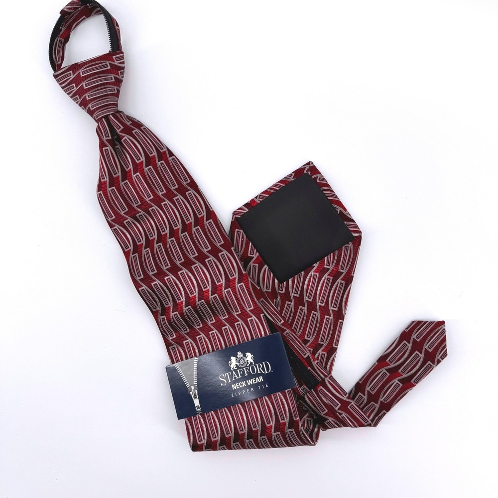 Stafford Zipper Tie Men One Size Red Burgundy Geometric Pattern Pre-Tied Necktie